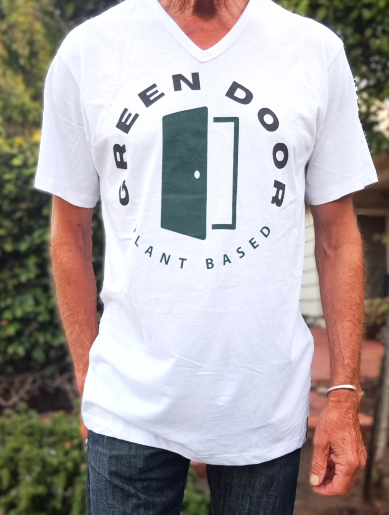 White V-Neck or Round Neck | 100% Cotton | Unisex T-shirts with green and black logo