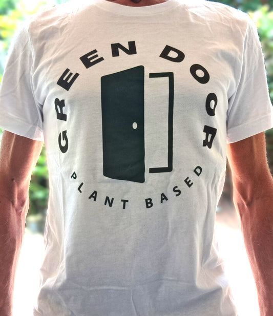 White V-Neck or Round Neck | 100% Cotton | Unisex T-shirts with green and black logo